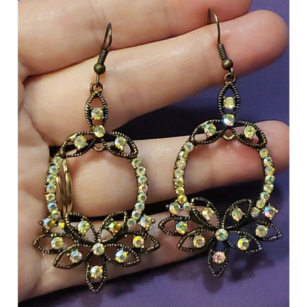 Ornate Bronze Tone Metal And Aurora Borealis Rhinestone Crystal Dangle Earrings - Picture 6 of 9